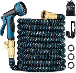30 ft Expandable Garden Hose - Kink Free Flexible Water Hose 100ft with 10 Pattern Spray Nozzle, 3/ 4 Solid Brass Connectors, Retractable Latex Core - Lightweight Expanding Hose