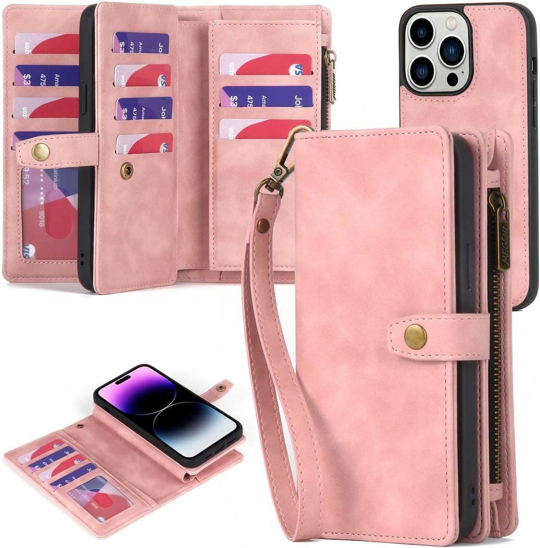 TwoHead Designed for iPhone 14 Pro Max Wallet Case with Card Holder Detachable Magnetic Phone Case PU Leather Wallet Phone Case Case Wallet for Women/Men (Pink)