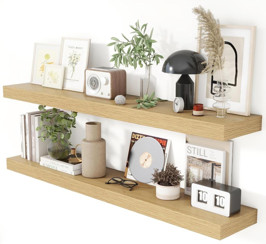 Heimlove 48 Inch Floating Shelves for Wall 8 Inch Deep Oak Shelves Set of 2,Wall Mounted Rustic Wood Long Floating ShelfLarge Display & Storage Shelf with Invisible Brackets