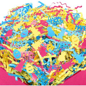 Knitgrip 2lb Easter Grass Crinkle Cut Paper Filler with Bunny Egg Happy Easter Confetti Shred Basket Filler Stuffers Iridescent Raffia Grass for Bunny Gift Box Packaging Wrapping Decoration (Blue Yellow Pink)