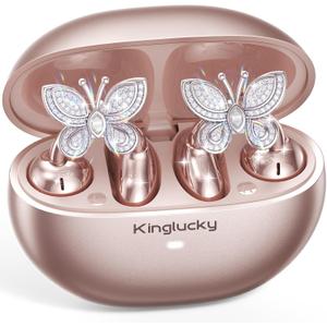 Kinglucky Clip-On Open Ear Earbuds with Detachable Butterfly Earrings, Bluetooth 6.0 Wireless Headphones for Women, 50H Playtime, Comfortable Fit for Small Ears, Sports, Glasses Wearers (Rose Gold)