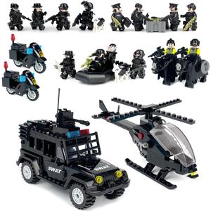 SWAT Set with 12 SWAT Officers, 2 Mounted Police with Horse 1 Helicopter, 1 Armored SWAT SUV Vehicle,and 2 Motorcycle,Safe & Durable ABS Great Gift for Kids, Boys, and Collectors