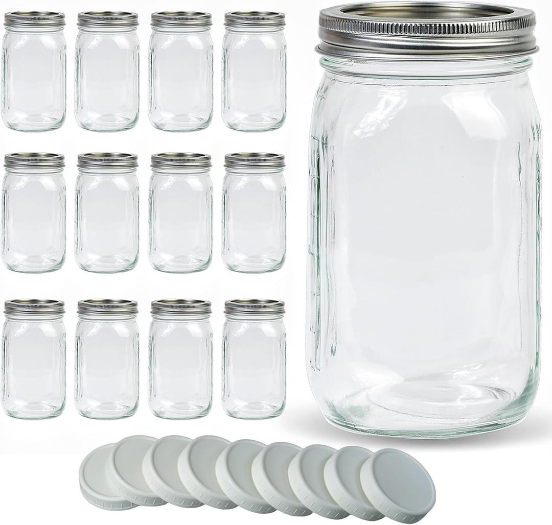 Wide Mouth Mason Jars 32 oz 12Pcs, Canning Jars with Airtight Lids and White Plastic Mason Jar Lids with Silicone Rings for Overnight Oats, Food Storage, Dry Food, Snacks, Candies and More