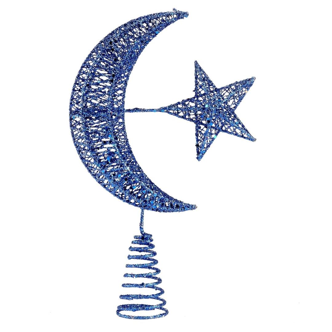 BinaryABC Moon and Star Christmas Tree Topper,Glittering Christmas Tree Decoration Ornaments,Xmas Tree Decorations Holiday Seasonal Home Dcor (Dark Blue)
