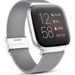 Maledan Metal Bands Compatible with Fitbit Versa/Versa Lite SE/Versa 2 Band for Women Men, Adjustable Stainless Steel Replacement Wristbands for Fitbit Versa Smart Watch, Silver