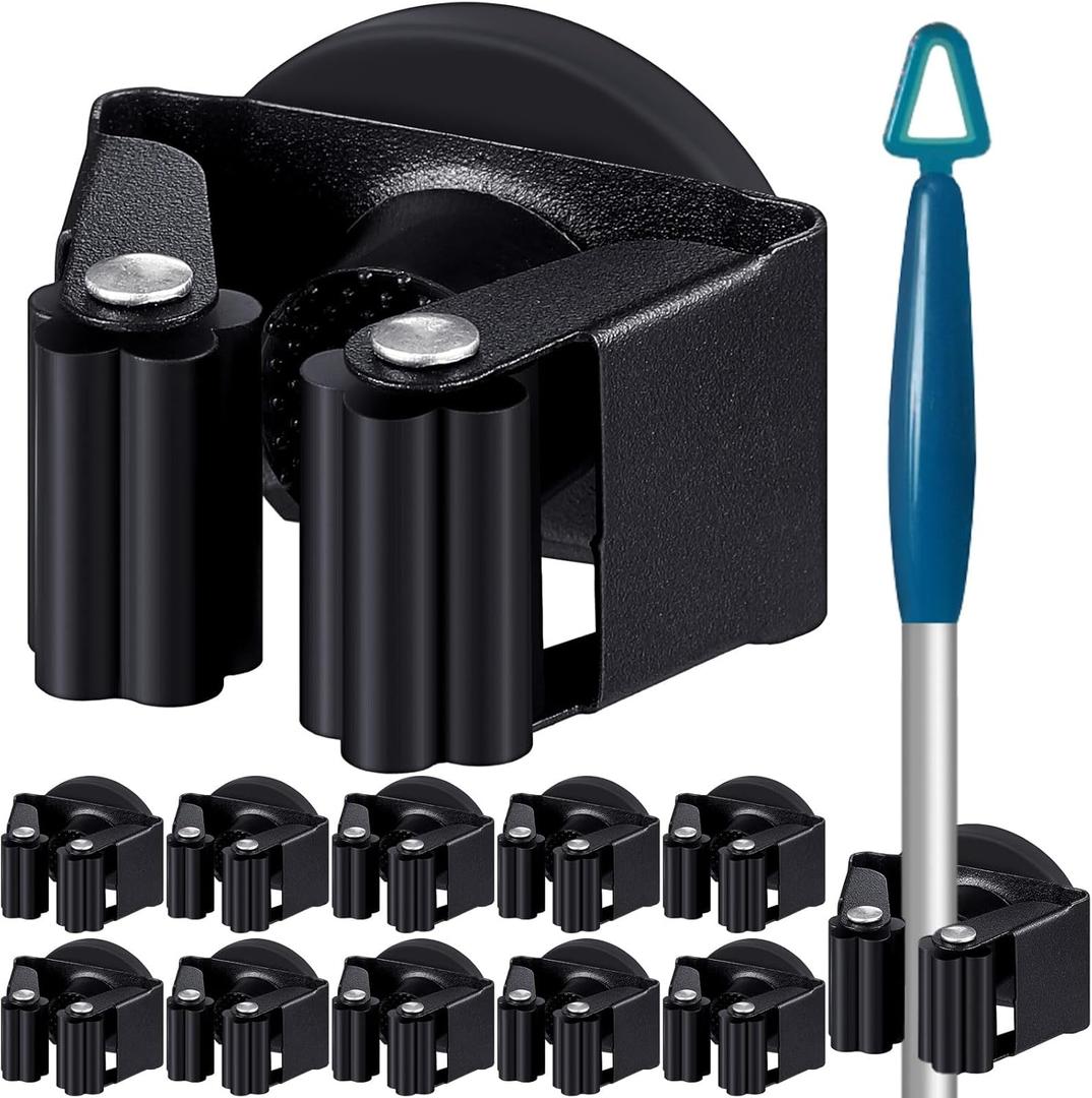 Vercraft 10 Pcs Magnetic Mop Broom Holder Movable Magnetic Broom Holder Rack, Anti Slip Wall Mounted Utility for Cleaning Tools, Garage, Kitchen, Laundry, Garden (Black)