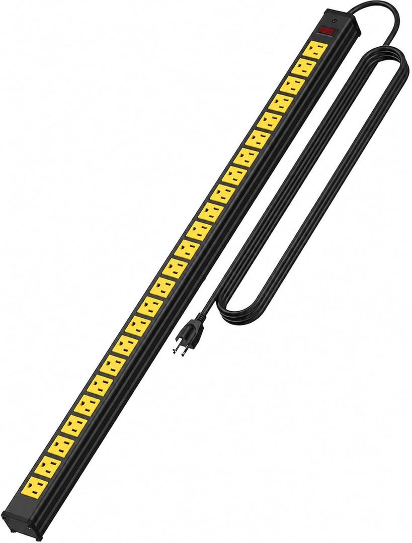 24 Outlet Long Power Strip,Heavy Duty Metal Socket Power Strip,Aluminum with 15-Foot Extension Power Cord,ETL Certified for Home, Office, Garage and Workshop Black and Yellow