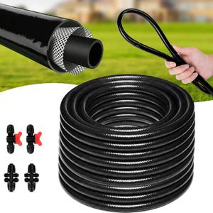 1/2 Inch Drip Irrigation Tubing - 100FT Flexible Garden Irrigation Hose for Outdoor Watering, Compatible with Most Drip System Fittings, 2 Six-Way Connectors & 2 Shut-off Valves Included (Black)