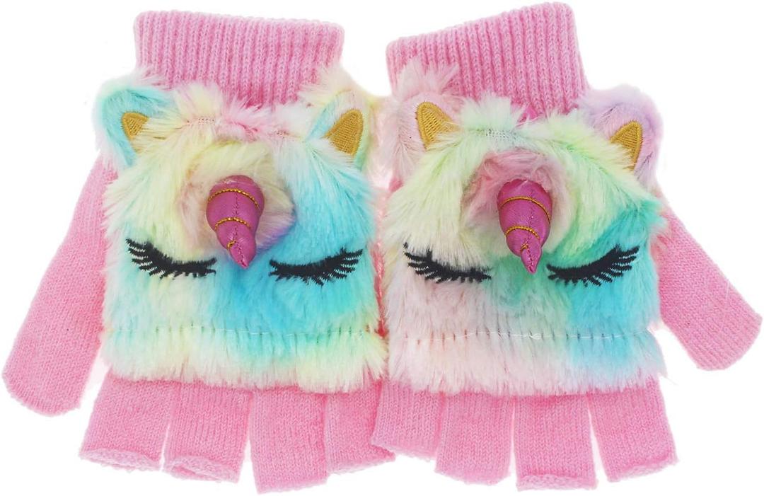 Kids Unicorn Flip Top Gloves with Mitten Cover Knitted Winter Fingerless Convertible Mittens for Boy Girls Toddler (A Pair of Rainbow)