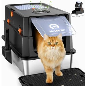 Stainless Steel Litter Box with Lid, Anti-Leakage Enclosed Metal Litter Box, Flip-Top Extra Large Kitty Litter Pan with Scoop & Pedal, Odor Free, Front & Top Dual Entry, Black