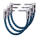 3-Pack 6 Inch Guitar Patch Cable with 1/4" Right Angle Plugs, Black and Blue Tweed Woven Jacket (Guitar Effect Pedal Board Patch Cables)
