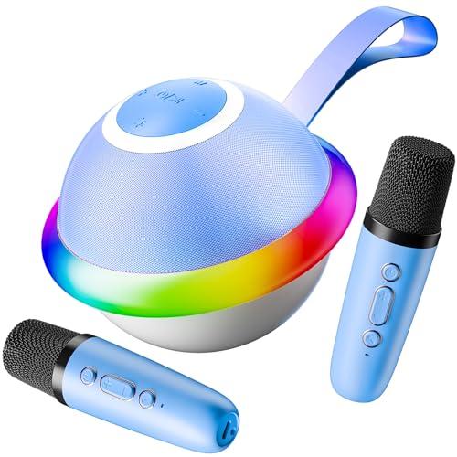 Kids Karaoke Machine for Boys Girls with Dual Microphones for Ages 3-12, Youth Karaoke Machine for Children, Bluetooth Speaker, Purple, Portable Design, 2 Wireless Mics-Blue