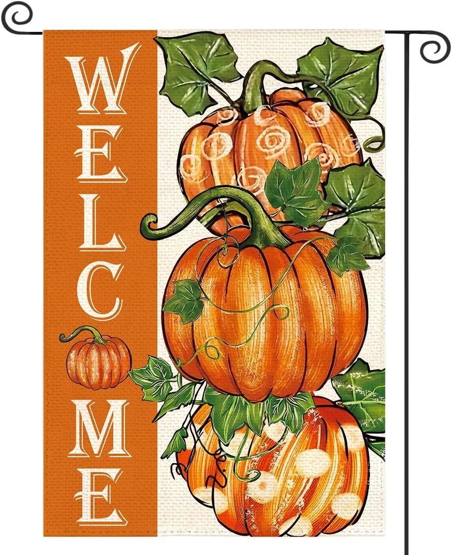 5 x Fall Pumpkin Garden Flag for Outside 12x18 Inch Double Sided, Welcome Autumn Thanksgiving Yard Outdoor Flag, Burlap Decorative Flag for home Garden Porch lawn (Yellow3)