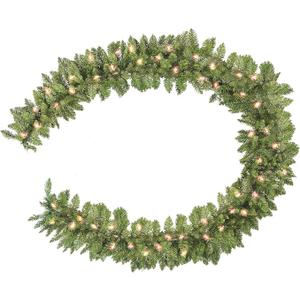 HiBean Christmas Garland 9 FT by 12 Inch,Pre-lit Garland with 50 Warm Lights, Classic Green Christmas Garland with 340 Branch Tips for Mantle, Fireplace, Stairs Railing, Front Door