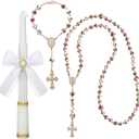 WILLBOND 3 Pcs First Communion Rosary and Candle Set Confirmation Candle Gifts Set Baptism Catholic Bracelets Cross Necklace Holy Communion Accessories for Christening Gift Keepsake(Rose Rosary)