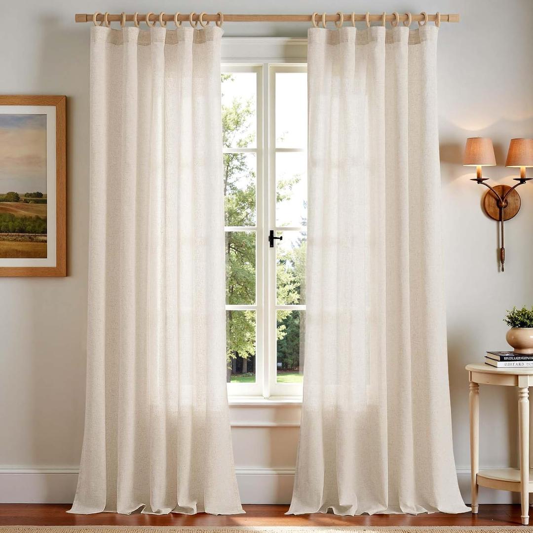 jinchan Linen Curtains 120 Inch Length 2 Panels Set Window Curtains for Living Room Bedroom Extra Long 10 Foot Farmhouse Drapes Aesthetic Decor Light Filtering Drapes, Back Tab Linen Natural, 50Wx120L (#Beige)