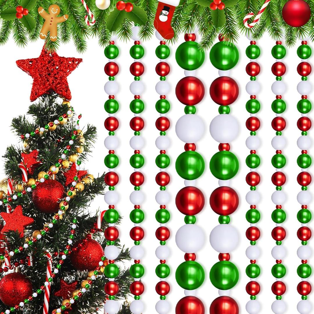 Huwena 4 Pcs 10 ft Christmas Bead Garland for Christmas Tree Decorations Acrylic Beaded Garland for Tree Fireplace DIY Ornament Holiday Party Indoor Wedding Decorations(Red, Green, White)
