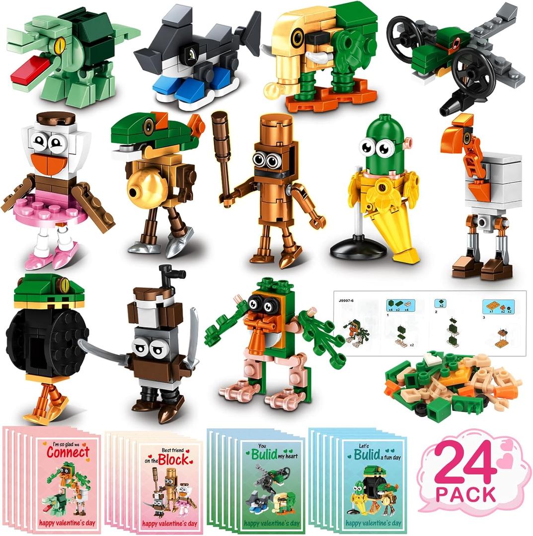 Valentines Day Gifts for Kids, 24 Pack Building Blocks with Valentines Day Cards Class Valentines Gifts for Class Classroom School Boys Girls Party Favors Exchange (Blue)