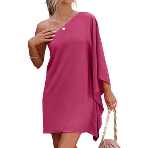 Jhsnjnr Women's Short Wedding Guest One Shoulder Dresses Formal Batwing Sleeve Club Party Cocktail Dress (Pink) Small