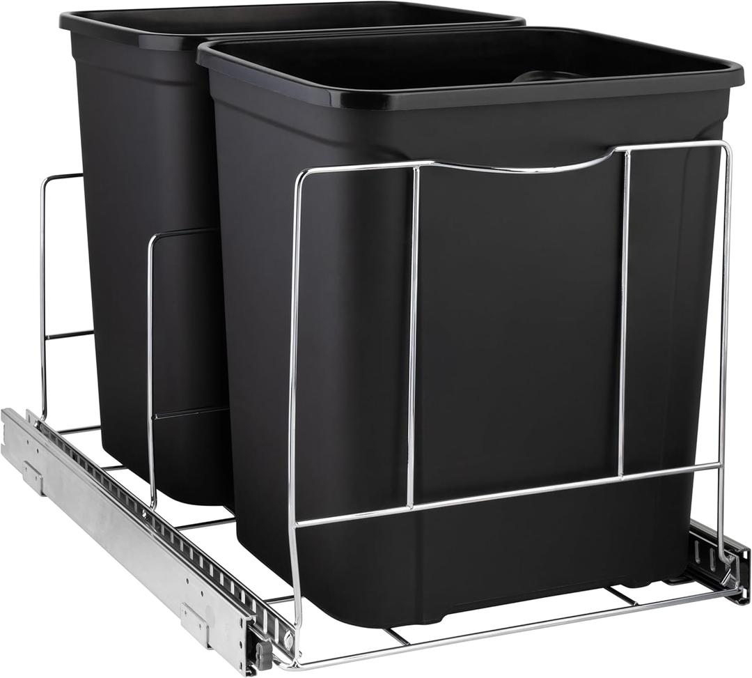 Double Pull-Out Trash Can for Cabinet - Set of Two 9 Gal / 36 qt Supported Heavy-Duty Chrome, Smooth Slide with Trash Bag Storage - Requires 21.75" Cabinet Opening (Bin Not Included)