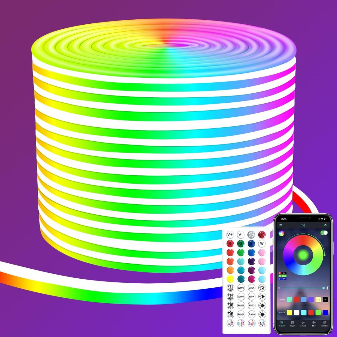 segrass 50ft RGB LED neon Rope Lights LED neon Lights with Remote Control/APP Control IP65 Waterproof Flexible Neon LED Strip Lights for Bedroom Room Outdoors Decor