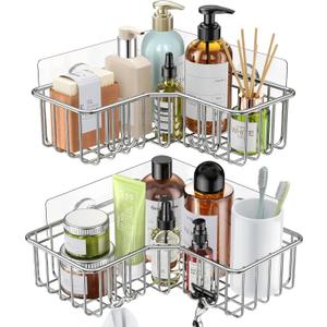 SMARTAKE 2-Pack Corner Shower Caddy, Adhesive Bath Shelf with Hooks, SUS304 Stainless Steel Storage Organizer for Bathroom, Toilet, Kitchen and Dorm, Only for 90 Degrees Right Angle, Silver
