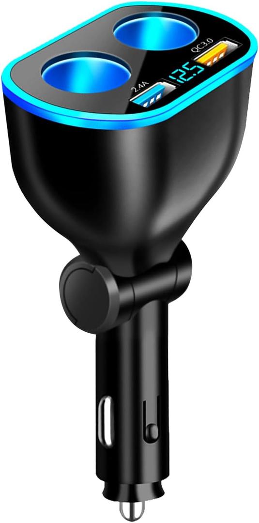 2026 Upgrade Car Cigarette Lighter Splitter, 4 in 1 Double Cigarette Lighter Adapter with USB Port 2.4A & QC3.0 Super Fast for Mobile Phone, Dash Cam, 12/ 24V Car Charger with LED Voltmeter