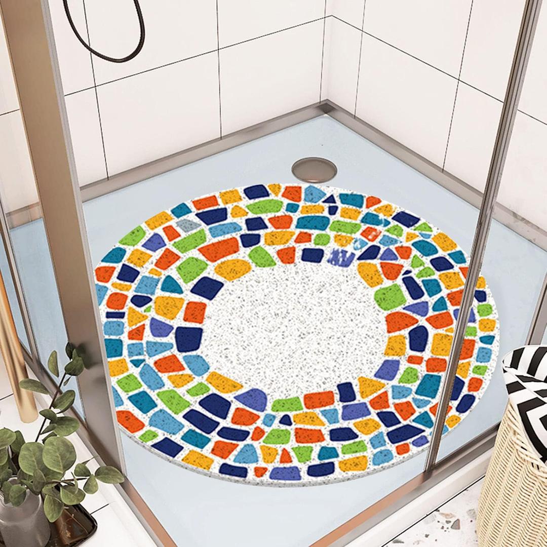Shower Mat Non-Slip, Soft Comfort Bath Mat with Drainage Holes, PVC Loofah Massage Bathmat for Shower,Tub,Bathroom,Wet Areas, Quick Drying (24" (Round), Colorful Stones)