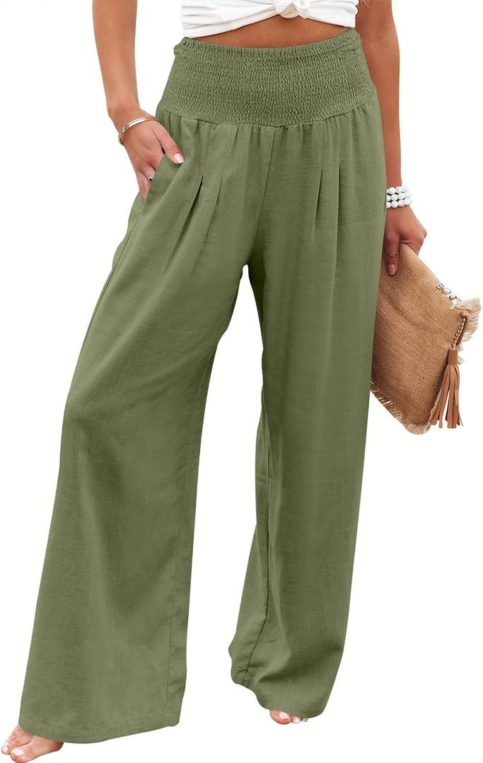 ANRABESS Women Linen Palazzo Pants Summer Boho Wide Leg High Waist Casual Lounge Pant 2025 Beach Travel Vacation Outfits (Large, Army Green)