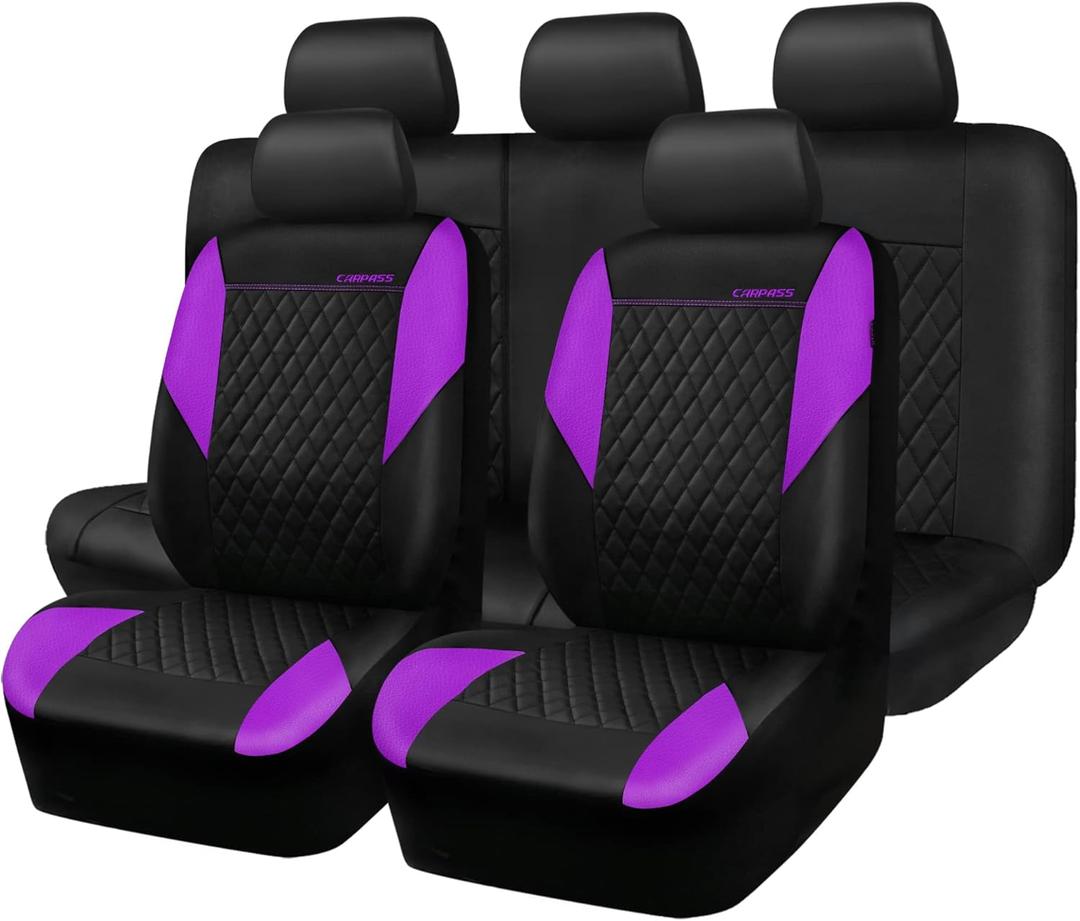 CAR PASS Purple Leather Seat Covers, Quilting Pretty Car Seat Cover with 5mm Composite Sponge Inside,Airbag Compatible,Universal Fit for Most Sedan SUV Van Truck (Full Set,Purple) (Black and Purple)