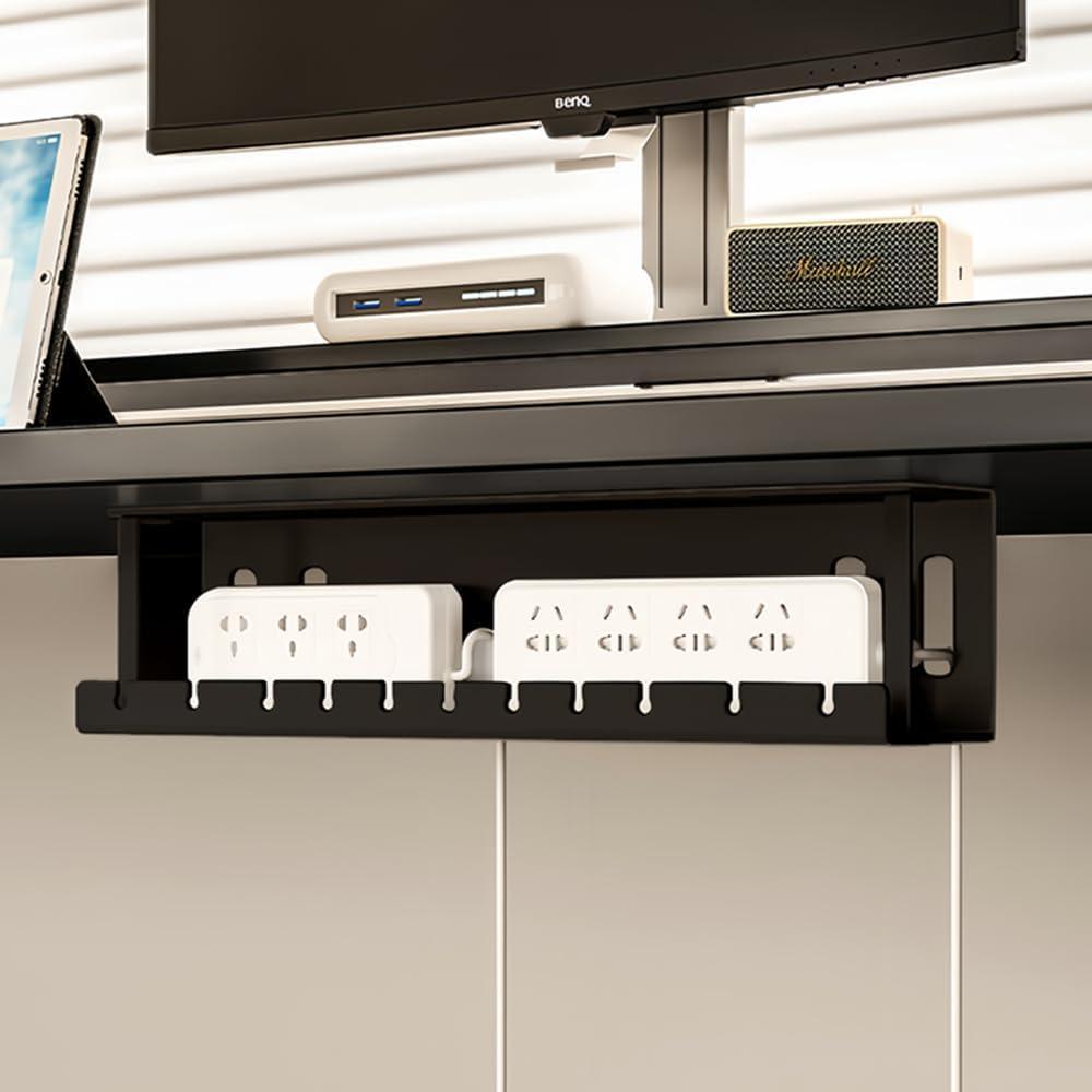Under Desk Cable Management 12'' Tray Wires Organizer Power Strip Management No Drill Under Table Organizer for Cable Storage (BLACK-30CM)