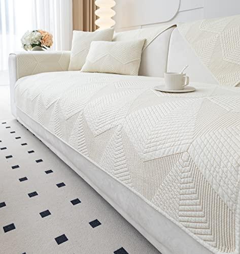 vctops Farmhouse Solid Color Embroidery Sofa Couch Cover Cotton Quilted Sectional Couch Covers Washable Non Slip Sofa Slipcover for Dogs, Children, Pets Furniture Protector (Cream,43"x63")