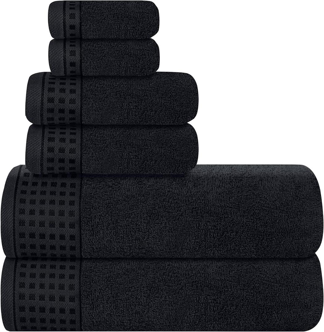 GLAMBURG 100% Cotton Ultra Soft 6 Pack Towel Set, Contains 2 Bath Towels 28x55 Inches, 2 Hand Towels 16x24 Inches & 2 Wash Coths 12x12 Inches, Compact Absorbent Lightweight & Quickdry - Black (6 Pack Set)