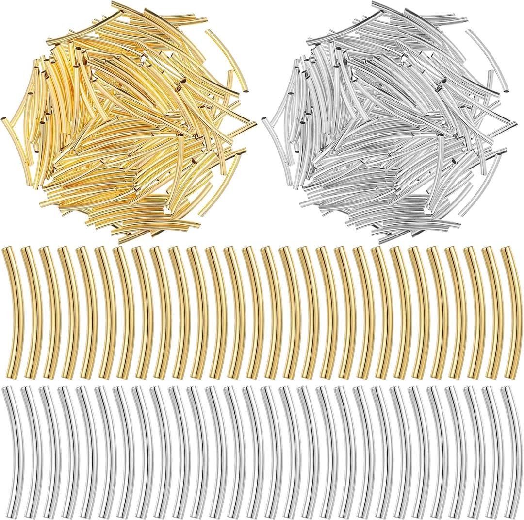 200 Pcs Tube Beads, Tube Spacer Bead, 25mm Curved Noodle Beads, Gold Silver Spacer Bead for Earrings Necklaces Bracelets Pendant DIY Crafts