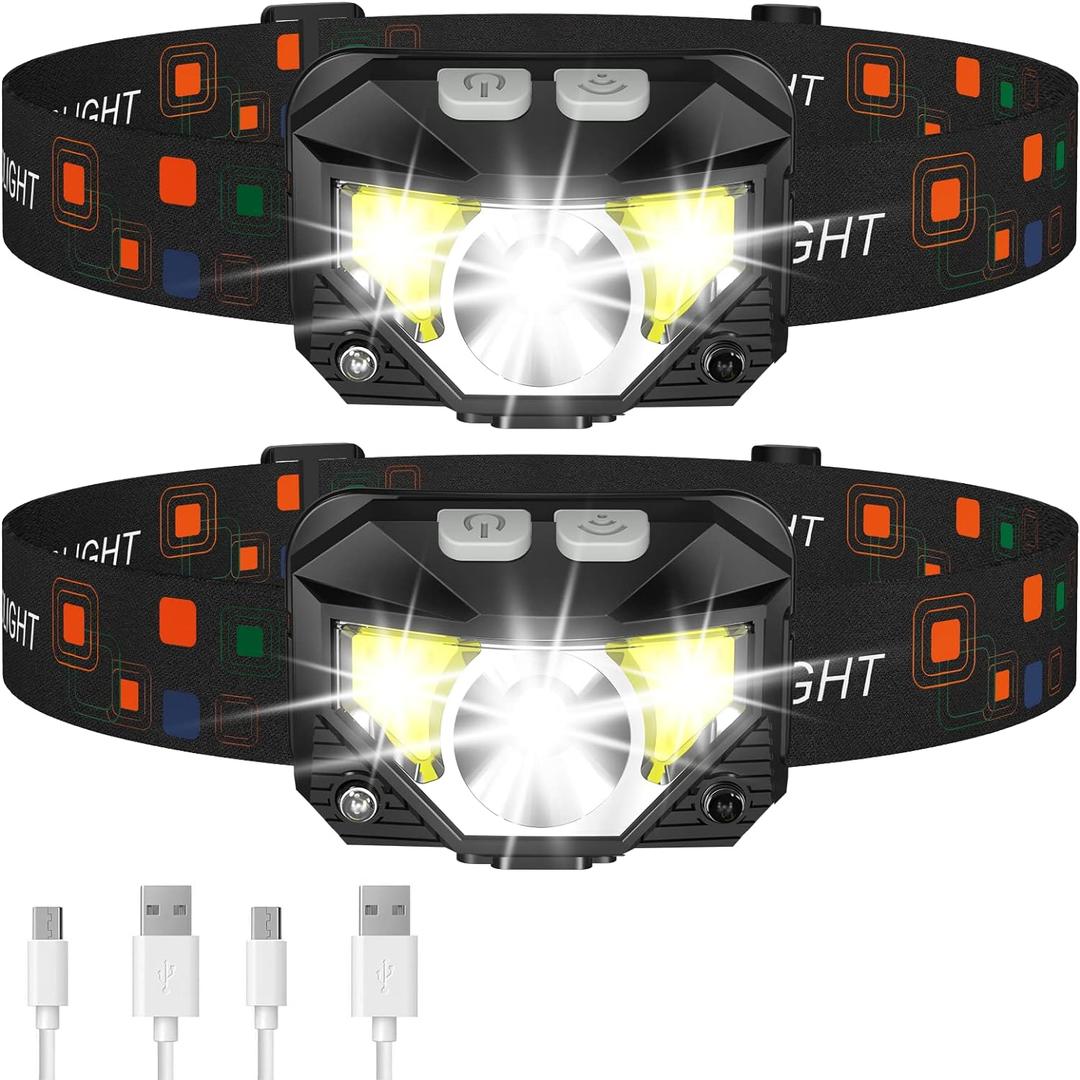 LHKNL Headlamp Flashlight, Lumen Ultra-Light Bright LED Rechargeable Headlight with White Red Light, 2-Pack Waterproof Motion Sensor Head Lamp,8 Modes for Outdoor Camping Running Hiking Fishing (Black)