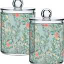 Vintage Floral Green 2 Pack Qtip Holder Dispenser for Cotton Ball, Swab, Pads - Clear Plastic Apothecary Jars with Lids for Bathroom Organizer, 10 oz