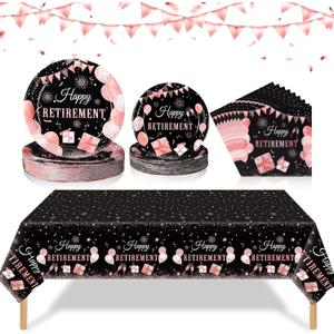Zhehao 101 Pcs Retirement Party Tableware Set Black and Pink Happy Retirement Party Supplies Includes 50 Paper Plates, 50 Napkins and 1 Tablecloth for Men Women Say Goodbye