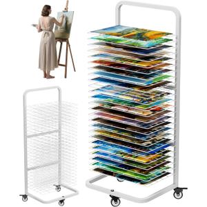 Art Drying Rack with 25 Removable Shelves, Mobile Metal Paint Drying Stand with Lockable Wheels, Functional Canvas Rack Art Storage for Artwork in Classrooms, Art Studios and Schools, White
