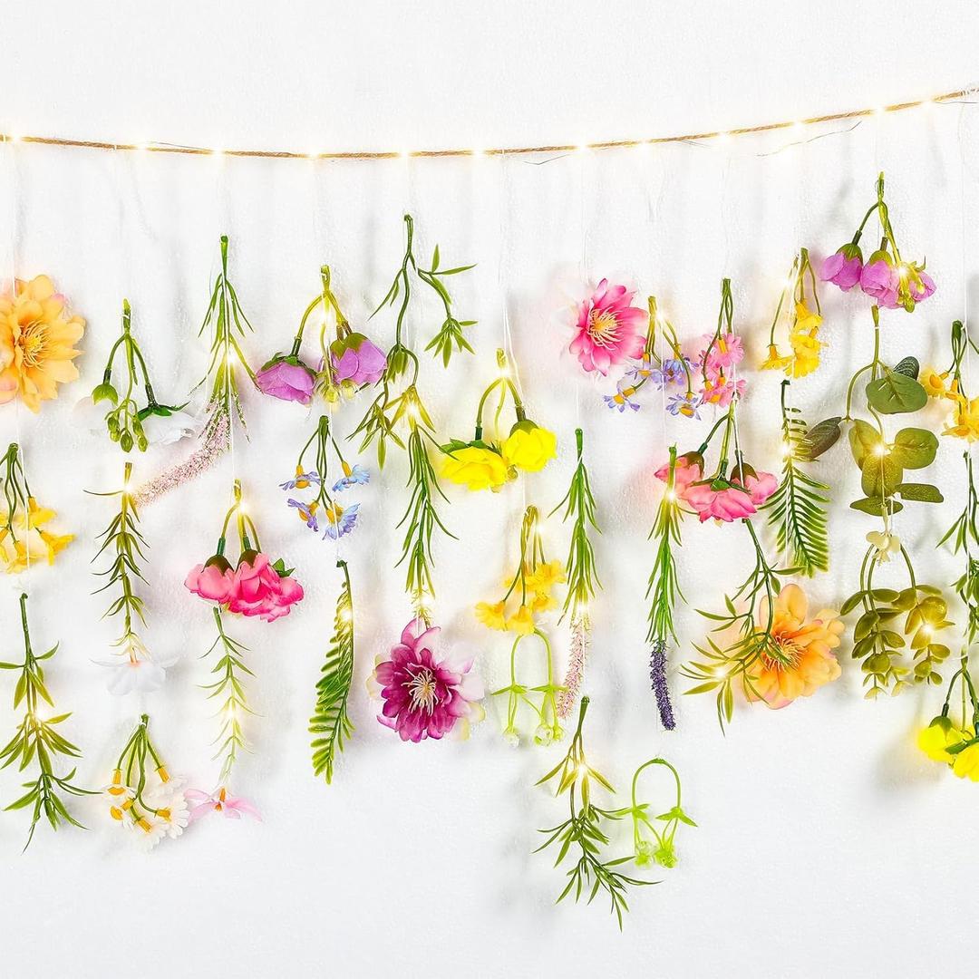 Suncalla 5.6 ft Wildflowers Hanging Garlands with LED Lights Artificial Flower Wall Decor Fake Rustic Floral Vines Rose Eucalyptus Daisy Backdrop Set for Ceiling Farmhouse Wedding Home Garden(Fresh)