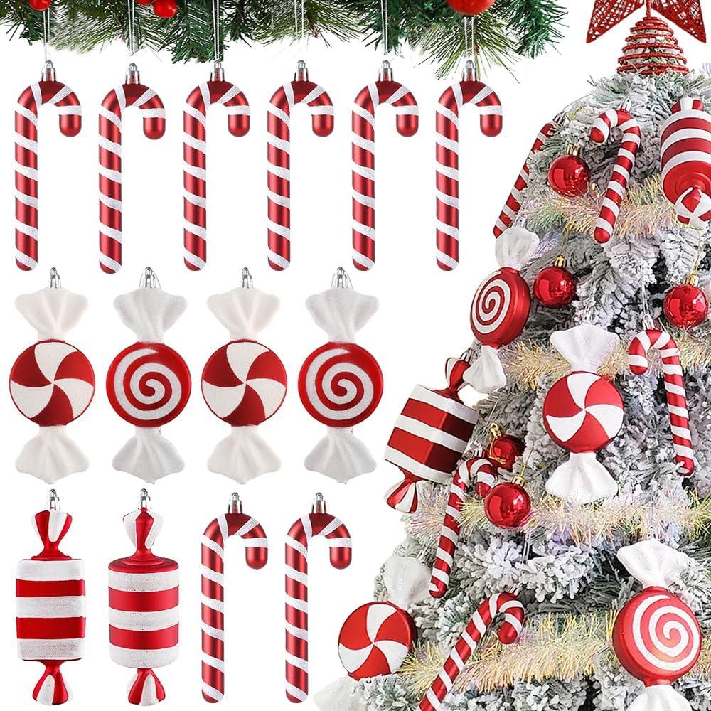 14Pcs Christmas Lollipop Candy Cane Ornaments, Hanging Candy Cane Christmas Tree Crafts 6.5Inch Red White Fake Candy Pendant for Xmas Tree Decor New Year Home Party Supplies