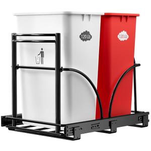 Dual Under Sink Trash Can Heavy Duty Pull Out Trash Can Under Cabinet, Fits 2x35Qt (7-9 Gal) Commercial Trash Cans Cabinet Trash Bin Pull Out Kit Requires 22''Dx 16''Wx 17''H, No Can (Black)