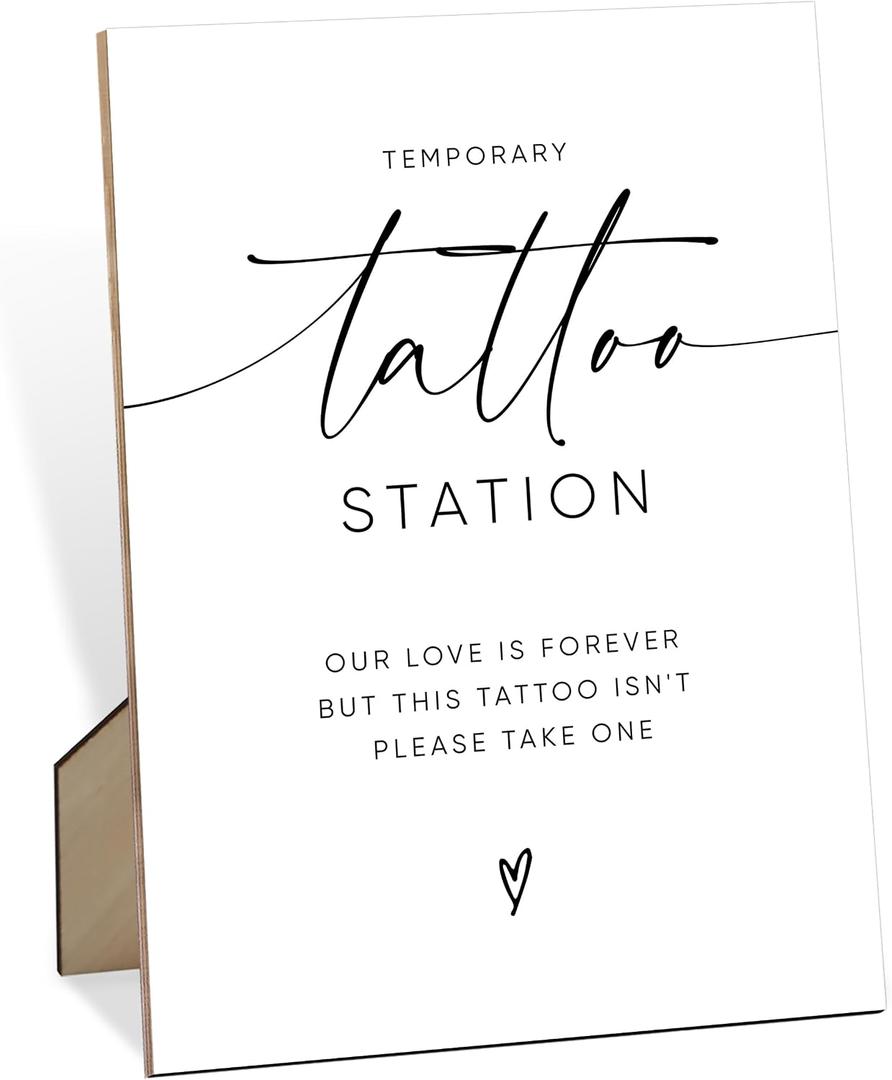 Tattoo Station Sign for Wedding, 8x11" Minimalist Wooden Sign with Stand, Wedding Centerpiece Table Decorations