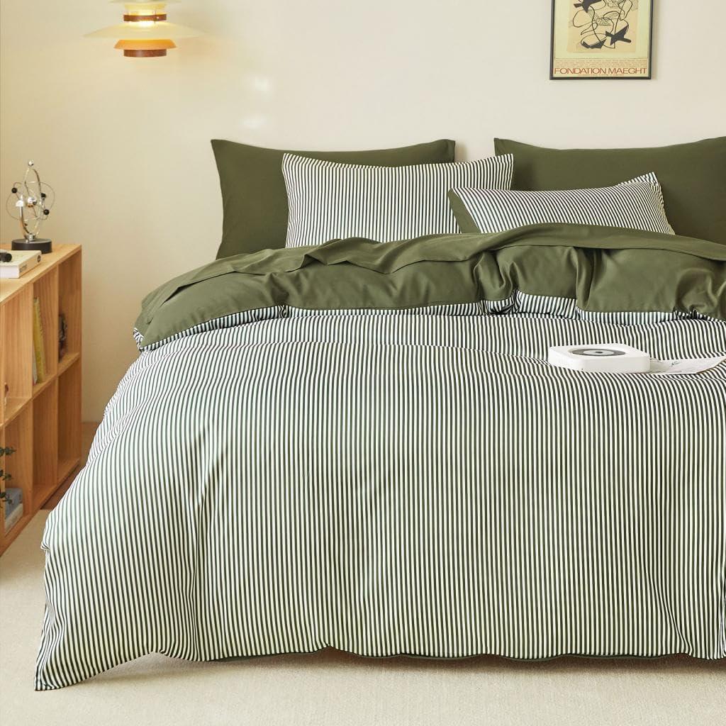 Wake In Cloud - Striped Comforter Set, Ticking Stripe Vertical Pinstripe Neutral Farmhouse Pattern Printed, Soft Lightweight Bedding, 3 Pieces, Olive Green White, Queen Size