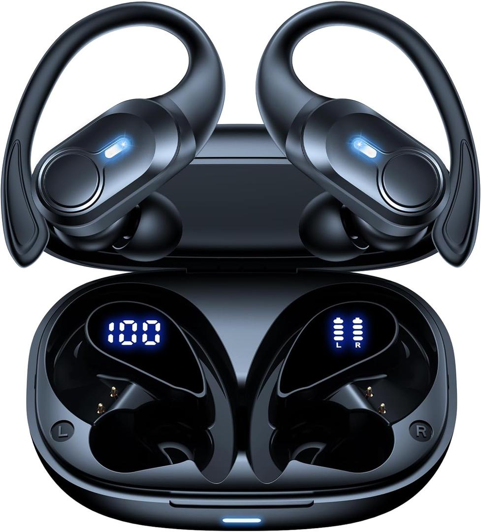 Wireless Earbuds Bluetooth Headphones Ear Buds 70H Playback Digital Display Wireless Charging Case Deep Bass Wireless Earphones Over Ear Sport Waterproof Bluetooth Headset for Workout Running Black