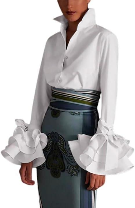 UOOZEE Womens Button Down Shirt Long Sleeve Dress Shirts Solid Work Blouse (Medium, White)