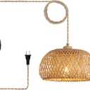 Bamboo Plug in Pendant Light with 14ft Handmade Woven Light Cord, Dimmable Switch, Boho Basket Hanging Lamp for Bedroom Kitchen Island Decor Farmhouse Living Room