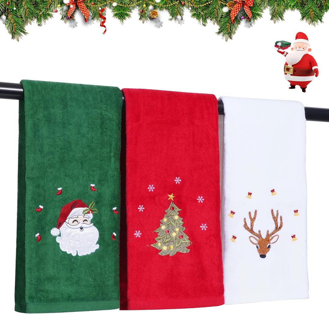 3 Pcs Christmas Hand Towels for Bathroom, 100% Cotton Soft Absorbent Christmas Kitchen Towels, Embroidery Christmas Decorations Towel for Holiday, Kitchen, Gift (15 x 23 Inch)