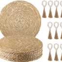 Woven Placemats Set of 10, 13.8" Natural Water Hyacinth Round Rattan Placemats with Wooden Beads Napkin Rings for Kitchen Dining Table Decor