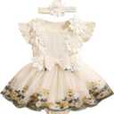 Infant Baby Girl Summer Clothes Romper Dress Embroidery Mesh Tulle Skirt Hem Ribbed Bodysuit Cute Newborn Outfits (Floral Apricot, 18-24 Months)