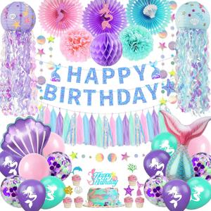 Mermaid Birthday Party Decorations - Theme Supplies Include Banner, Balloons, Paper Fans, Curtains, Sash, Headband for Cake and Party Decor